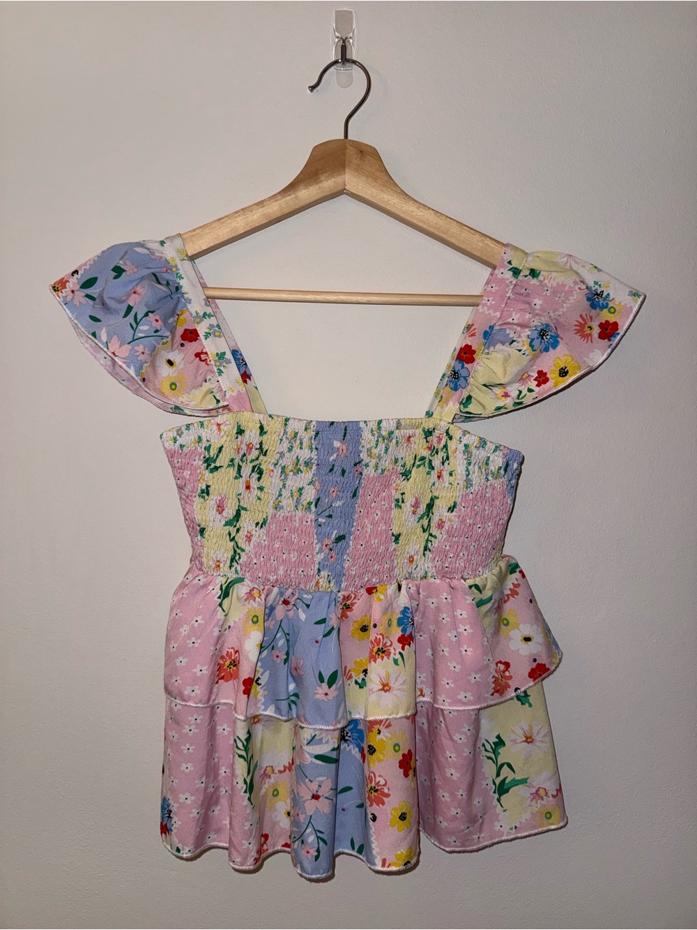 Floral Patchwork Ruffle Sundress for Girls - Pink & Blue